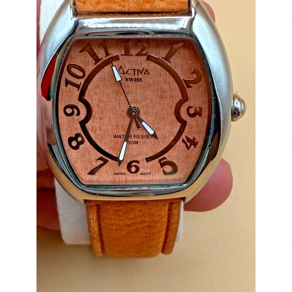⭐ NOS Activa Swiss Quartz Watch Brown Dial Leather Strap Water Resistant 32 mm